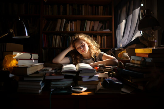 A tired girl studying with many books around