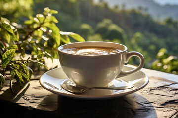 A cup of morning coffee, espresso, cappuccino on a wooden table against the backdrop of nature.	