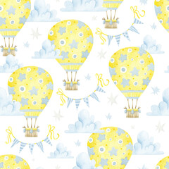 Yellow hot air balloon in clouds watercolor seamless pattern
