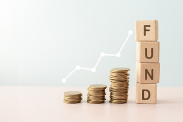 FUND text on wooden cube block with stack of coins above and graph line for business investment , strategy concept