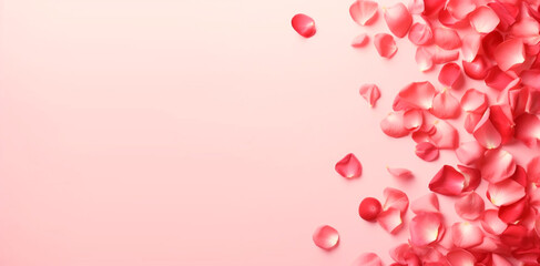 Valentine's day banner with rose petals on pink background with copy space