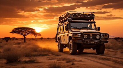 Safari car in sunset . - obrazy, fototapety, plakaty