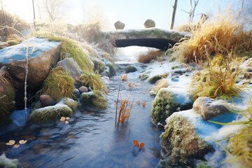a brook with frosts on adjacent flora and rocks - obrazy, fototapety, plakaty