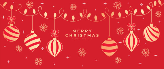 Naklejka premium Luxury christmas and happy new year concept background vector. Elegant gold hanging bauble ball line art deco with snowflake, decorative light on red background. Design for wallpaper, card, cover.