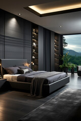 Strict modern bedroom interior design in black colors. 