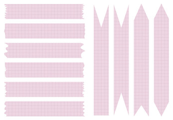 Set of paper sheets. Pieces of decorative tape for scrapbooks. Washi tapes collection in vector. Ripped paper. Torn pieces of paper from a notebook in a cell. Pink ribbons