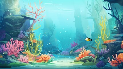 Sea bottom, Underwater world scene, ocean floor marine life background. Undersea with corals and seaweed, sea bottom, seabed vector illustration. game background.