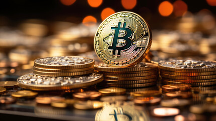 Bitcoin Crypto currency, Gold Bitcoin, BTC, close up. Bitcoin coins on black background. Blockchain technology, bitcoin mining concept.