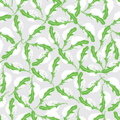 Seamless repeat pattern with hand drawn doodle green arugula rocket herb salad leaf. Suitable for textile, nightclub menu and wallpaper.