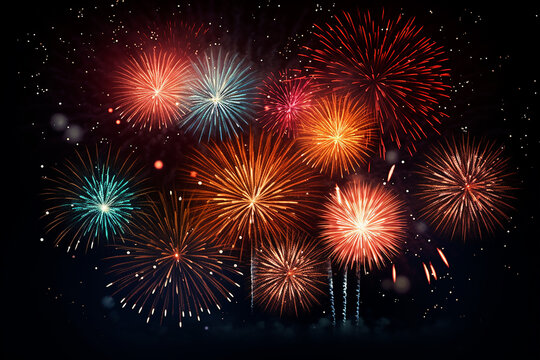 Happy new year with festive fireworks explosionson dark background. Ai generative