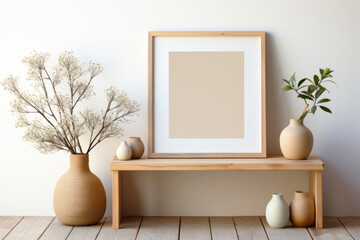 An empty mockup of a painting on the wall, minimalist Scandinavian interior.	