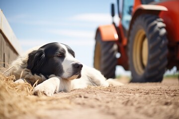 sheepdog lying in the shade of a tractor - obrazy, fototapety, plakaty