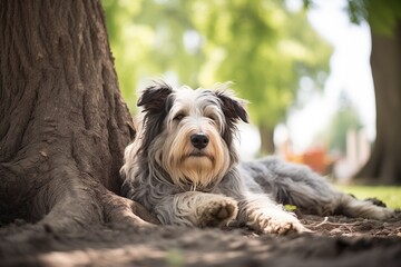 a sheepdog lying in the shade of a tree