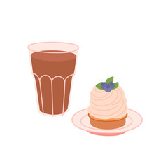 Hot warm drink with sweet dessert. Coffee cappuccino or latte and cake with blueberry. Fresh berry bakery served on plate. Flat vector illustration isolated on white background