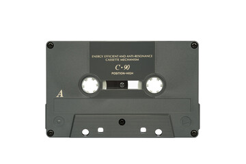 Front view of audio cassette standing with transparent layer