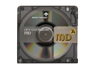 Recordable minidisc with protective cover closed and rainbow reflection from disc surface