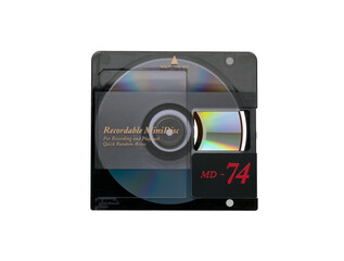 Minidisc with open security flap and rainbow reflection from disk surface with transparent layer