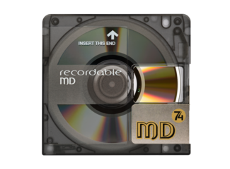 Recordable minidisc with open protective cover and rainbow reflection from disc surface