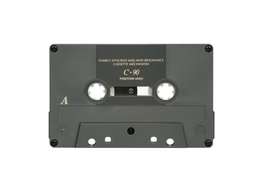 Front view of audio cassette standing with transparent layer