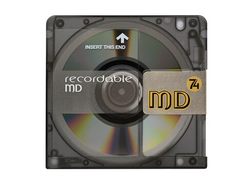 Recordable minidisc with protective cover closed and rainbow reflection from disc surface