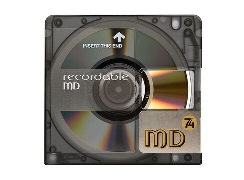 Recordable minidisc with open protective cover and rainbow reflection from disc surface