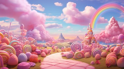 Colorful pastel candy landscape. pink castle or palace in the land of sweets. road among sweets and lollipops