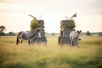Fotobehang donkeys near an old stone well in an open field © primopiano