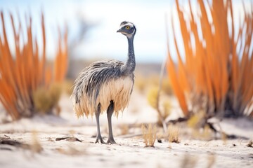 emu standing near a bush in arid landscape