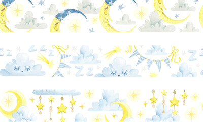 Watercolor seamless borders set with yellow crescent, clouds, garlands and stars