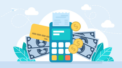 Financial transactions, payment. Cash and electronic payments concept. Pos terminal and payments systems. Bank card, terminal for buying process, monetary currencies, coins. Flat illustration.