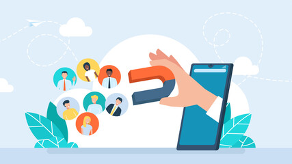 People being attracted by hand holding magnet into social media smartphone app. Lead generation. Smartphone with hand holding magnet attract new customers. Social media marketing. Flat illustration - obrazy, fototapety, plakaty