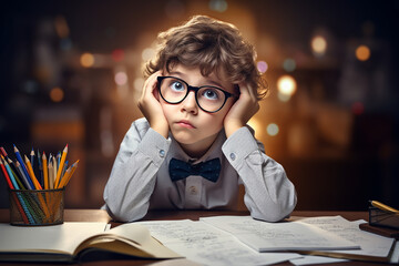 Child, thinking and pen with paper by desk, education and solving a mathematics problem with question. Young student, - obrazy, fototapety, plakaty