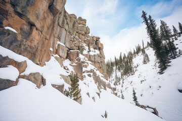 mountain goat tracks ascending a snowy cliffside