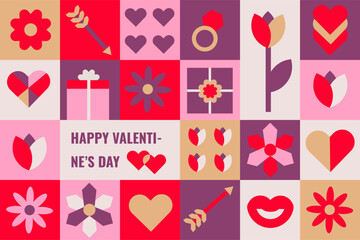 Geometric Valentine's banner with simple shapes. romantic vector background. Modern abstract concept for banner.