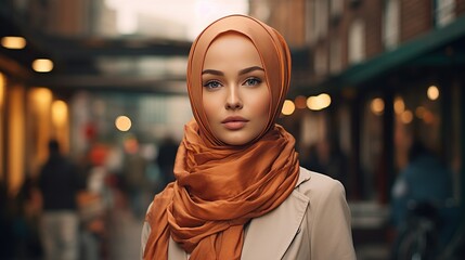 A lifelike representation of a hijab-wearing woman in a contemporary urban environment, emphasizing realism and cultural diversity