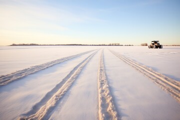 snowmobile tracks across a snowy open field