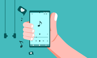 flat illustration hand holding a screen that play music with space area