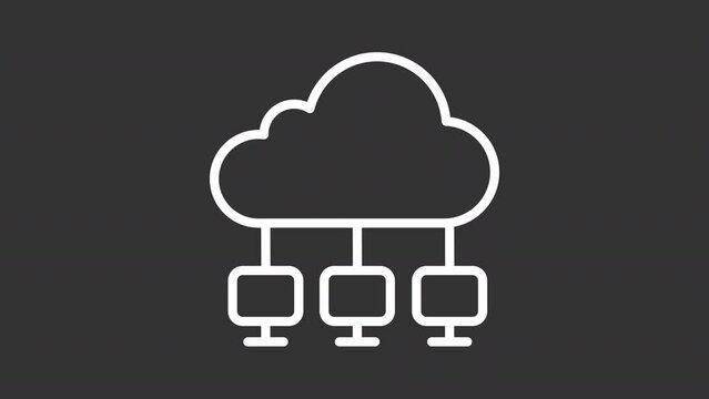 2D white simple thin line animation of cloud network icon, HD video with transparent background, seamless loop 4K video representing cloud computing.