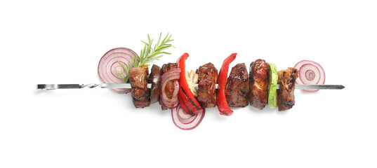 Delicious shish kebab with vegetables and rosemary isolated on white, top view