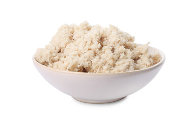 Bowl of tasty prepared horseradish isolated on white