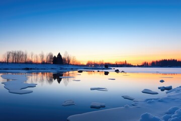 Obraz premium blue hour glow over a serene, ice-bound lake