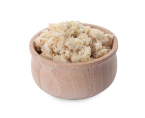 Bowl of tasty prepared horseradish isolated on white