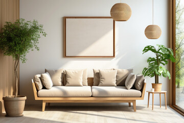 Cozy room with a sofa, pieces of furniture in beige and brown tones, an empty mockup of a painting on the wall, minimalist Scandinavian interior.
