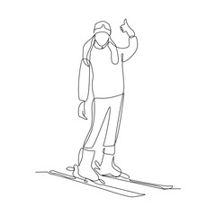 Fototapeta na wymiar Continuous single line sketch drawing of woman skier snow ski down and jump the snowy mountain fast speed. One line of extreme sport snow ski vector illustration