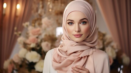 An elegant hijab-wearing woman in a traditional setting, radiating both strength and beauty with soft pastel tones