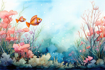 Obraz na płótnie Canvas Watercolor image of coral reef, seabed and fish, pastel colors, minimal, blue background. Mock up.
