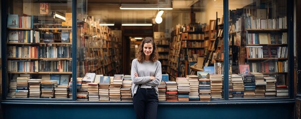 libraire qui prend la pose devant sa librairie pleine de livres neufs et d'occasion