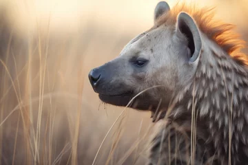 Gordijnen hyena with fur detail, vocalizing at dusk © primopiano