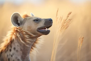 Foto op Plexiglas hyena with fur detail, vocalizing at dusk © primopiano