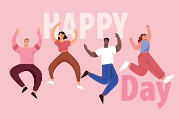 People boys, and girls on pink background,  words Happy Day. Vector illustration.